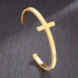 Stainless Steel Cross Cuff Bracelet Open Sideways Cross Bangle