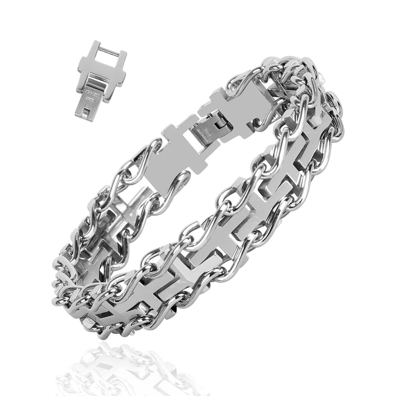 Men's Stainless Steel Cross Link Bracelet, Adjustable Inner Size 7.3-8.0 Inch