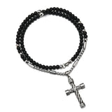 Men's Stainless Steel Cross Pendant Necklace with Stone Strand Beads