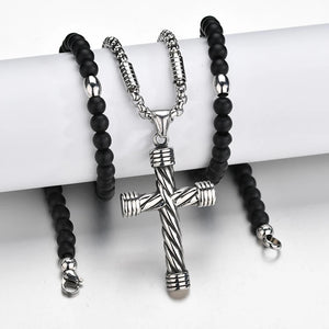 Men's Stainless Steel Cross Pendant Necklace with Stone Strand Beads