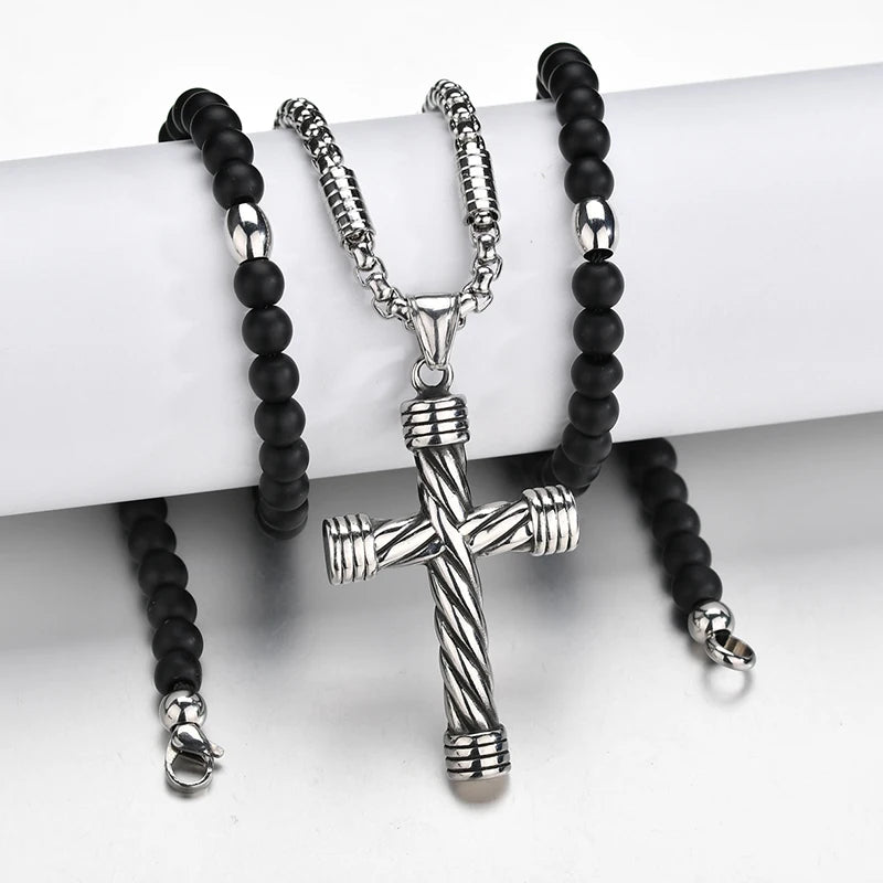 Men's Stainless Steel Cross Pendant Necklace with Stone Strand Beads