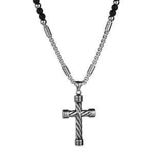 Men's Stainless Steel Cross Pendant Necklace with Stone Strand Beads