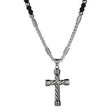 Men's Stainless Steel Cross Pendant Necklace with Stone Strand Beads