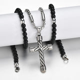 Men's Stainless Steel Cross Pendant Necklace with Stone Strand Beads