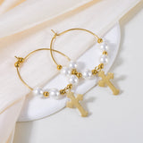 Stainless Steel Cross Pearl Hoop Earrings
