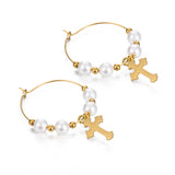 Stainless Steel Cross Pearl Hoop Earrings