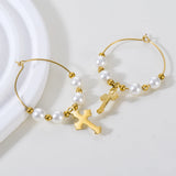 Stainless Steel Cross Pearl Hoop Earrings