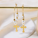 Stainless Steel Cross Pearl Hoop Earrings