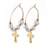 Stainless Steel Cross Pearl Hoop Earrings