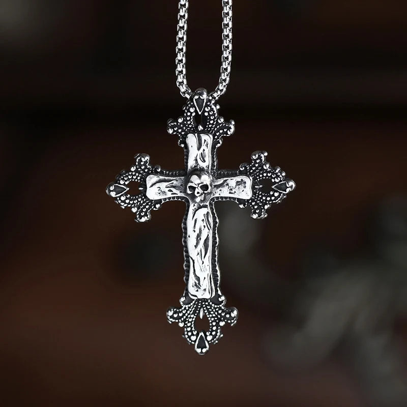 Stainless Steel Cross Skull Pendant Necklace Silver Gothic Punk Charm