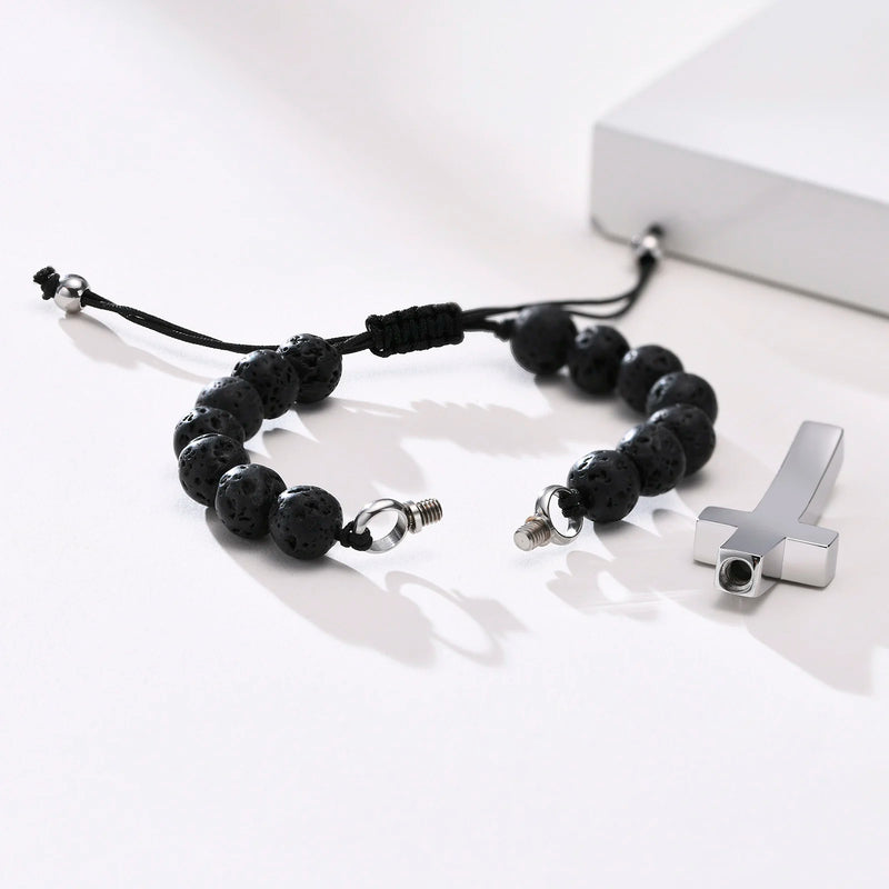 Stainless Steel Cross Urn Beaded Bracelet for Men