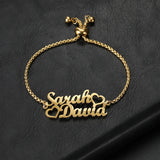 Personalized Double Hearts Name Bracelet, Stainless Steel Adjustable Jewelry