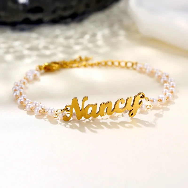 Stainless Steel Name Bracelets Double Layer Pearl Bracelets For Wife