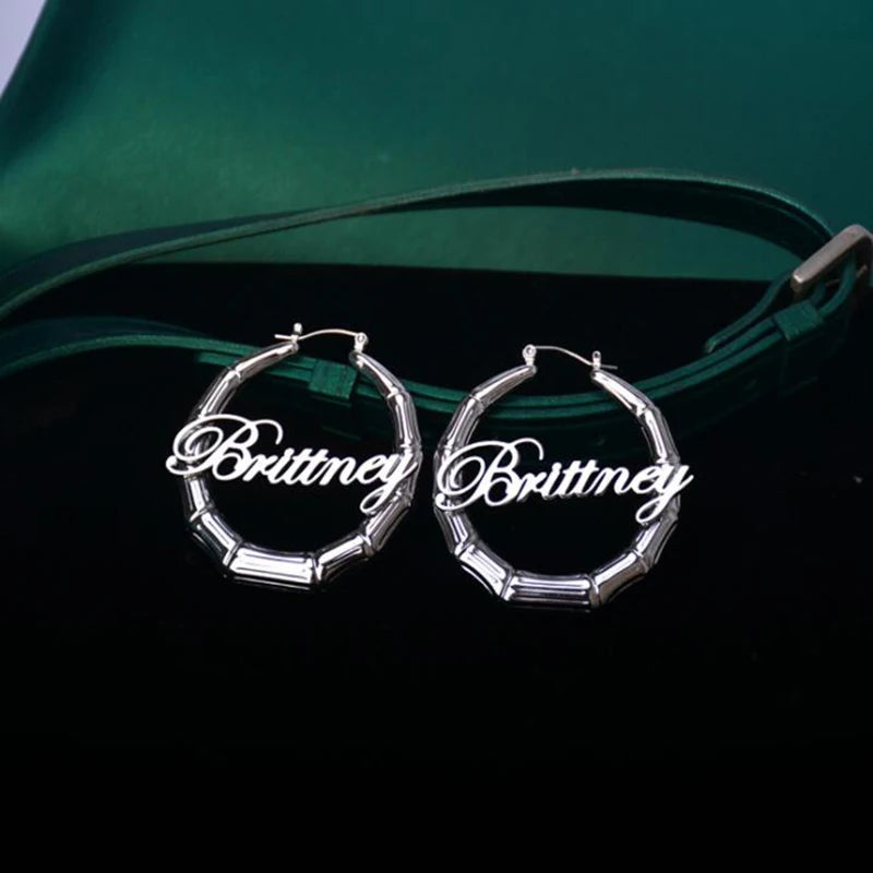 Stainless Steel Name Earrings Customize Letter Bamboo Hoops Earrings