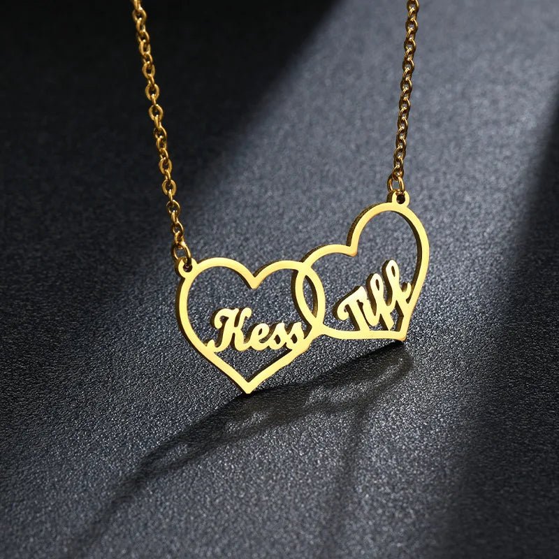Stainless Steel Two Hearts Name Necklace Personalized Pendant