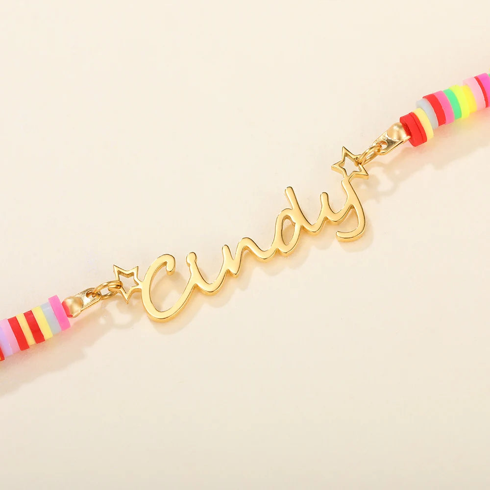 Rainbow Name Necklace Personalised Colorful Bead Letter Stainless Steel