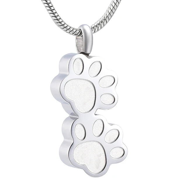 Stainless Steel Double Dog Paw Print Memorial Urn Necklace for Pet Ashes