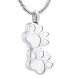 Stainless Steel Double Dog Paw Print Memorial Urn Necklace for Pet Ashes