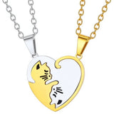 Stainless Steel Double Heart Couple Necklace Kitten Couple Pendant Necklace