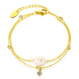 Stainless Steel Double Layers Chain Bracelet with Pearl Charm