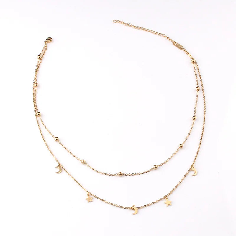 Double Necklace Cross Beads Star Moon Clavicle Chain Ladies Necklace