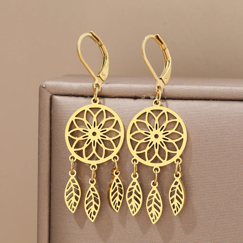 Stainless Steel Dream Catcher Leaves Drop Earrings for Women