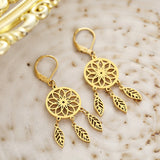 Stainless Steel Dream Catcher Leaves Drop Earrings for Women