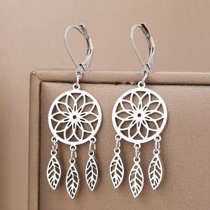 Stainless Steel Dream Catcher Leaves Drop Earrings for Women