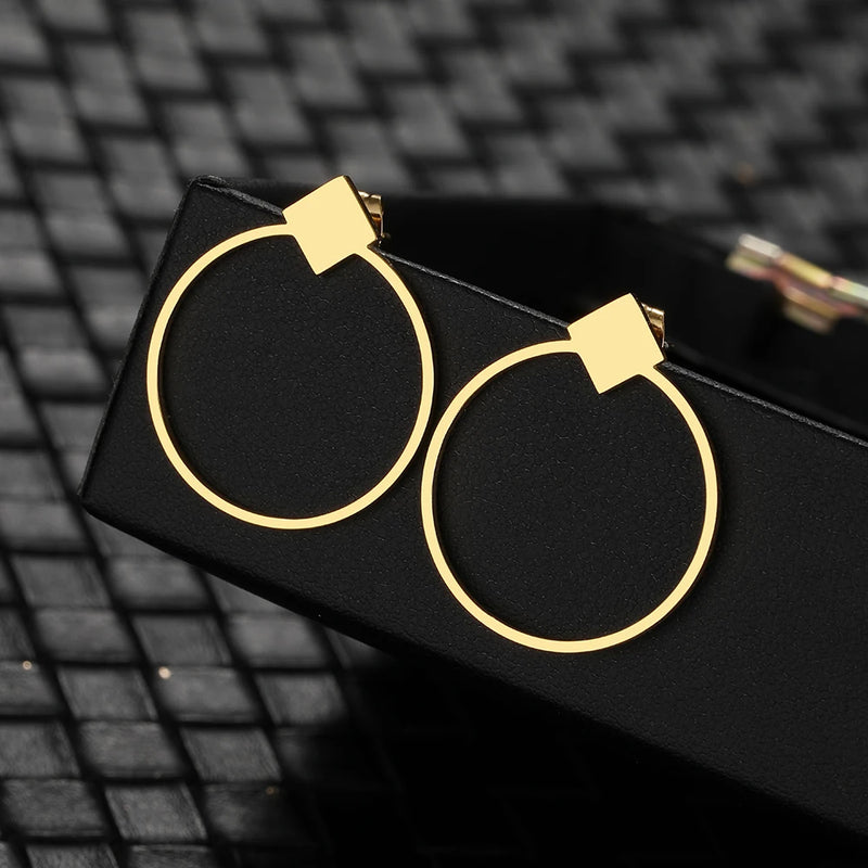Square Circle Stainless Steel Earrings Minimalist Studs for Women