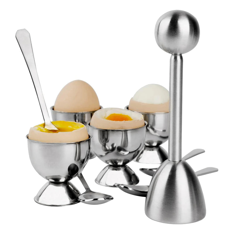 Stainless Steel Egg Topper Set with 4 Spoons & Cups - Shells Remover Top Cutter