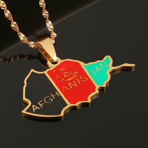 Stainless Steel Enamel Afghanistan Map Flag Pendant Necklace