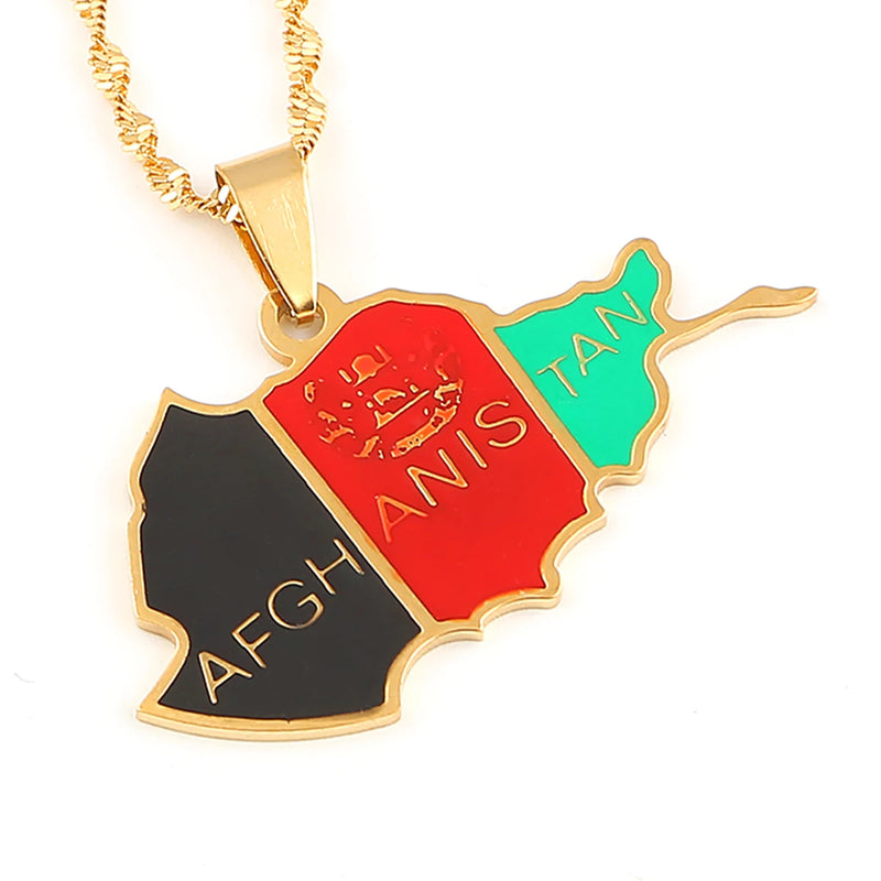 Stainless Steel Enamel Afghanistan Map Flag Pendant Necklace