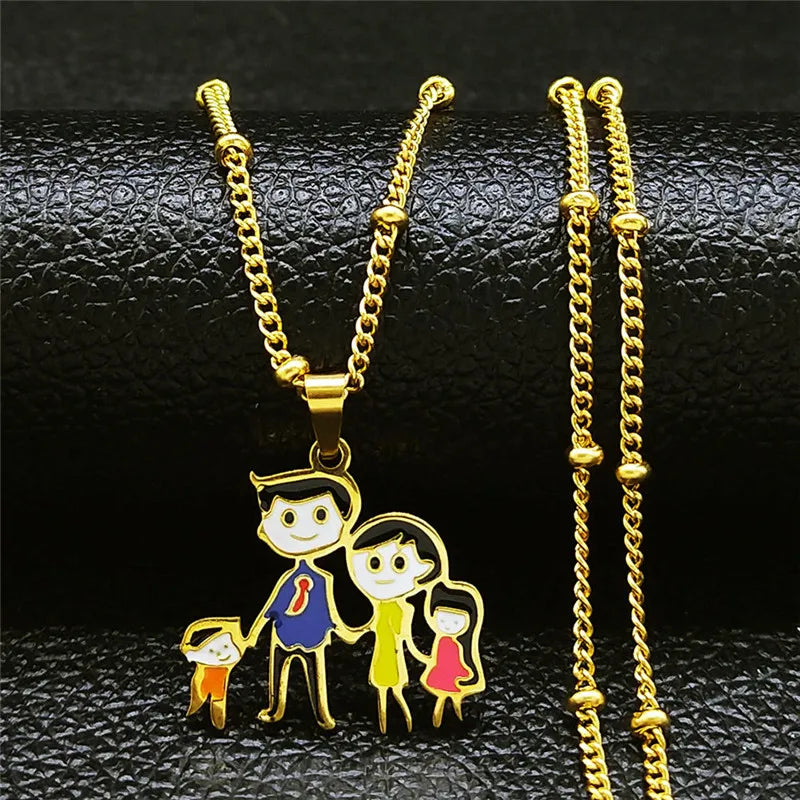 Enamel Family Dad Mom Son Daughter Charm Necklaces Women Kid Jewelry