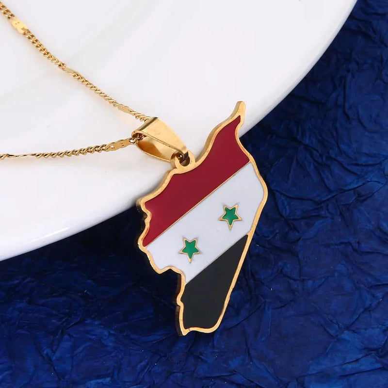 Syria Map Flag Pendant Necklace Stainless Steel Enamel Chain Jewelry