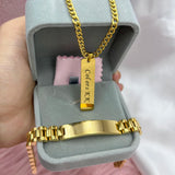 Stainless Steel Engrave Name Bangles Cuban Chain Necklace Jewelry Sets