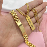 Stainless Steel Engrave Name Bangles Cuban Chain Necklace Jewelry Sets