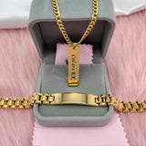 Stainless Steel Engrave Name Bangles Cuban Chain Necklace Jewelry Sets