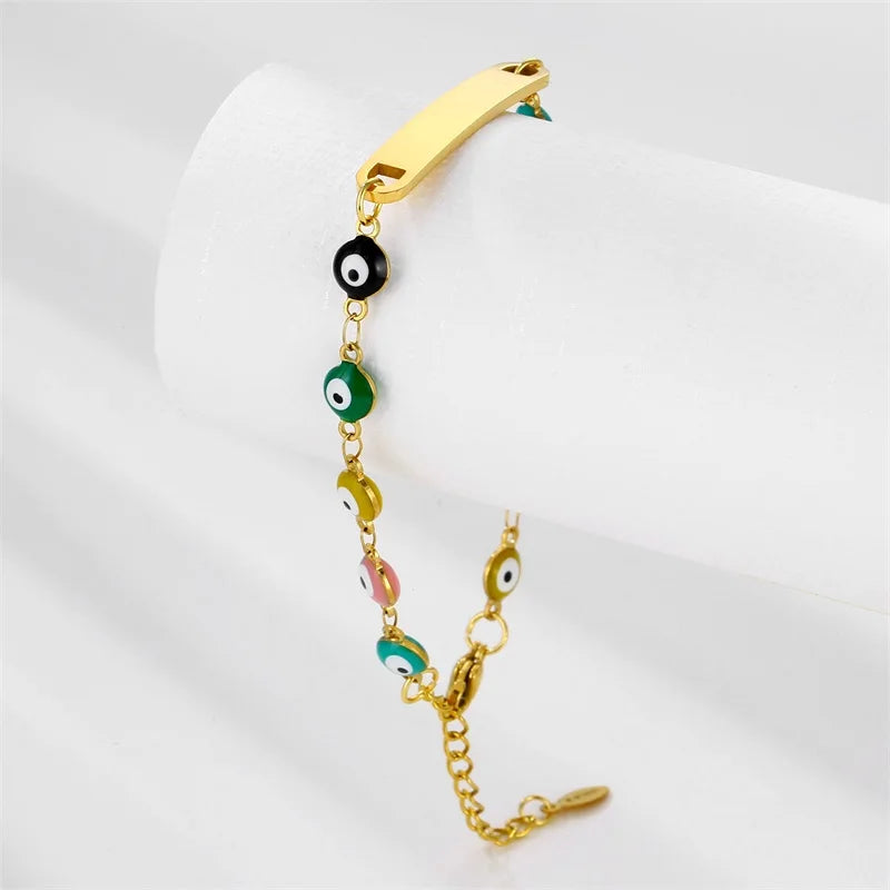 Engraved Name Bead Bracelet Stainless Steel Evil Eye Charm Gift