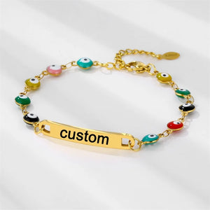 Engraved Name Bead Bracelet Stainless Steel Evil Eye Charm Gift