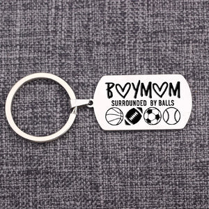 BOY MOM SURROUNDED BY BALLS Engraved Keychain Mother's Gift