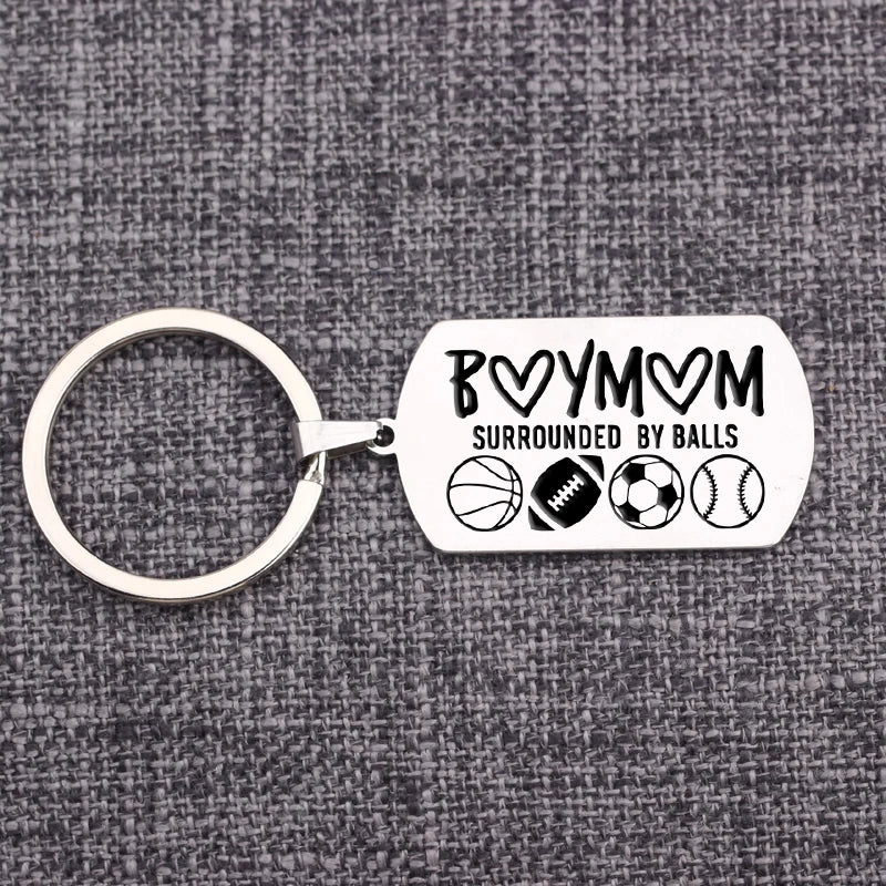 BOY MOM SURROUNDED BY BALLS Engraved Keychain Mother's Gift