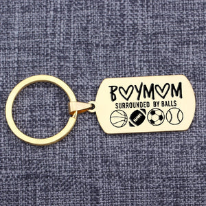 BOY MOM SURROUNDED BY BALLS Engraved Keychain Mother's Gift