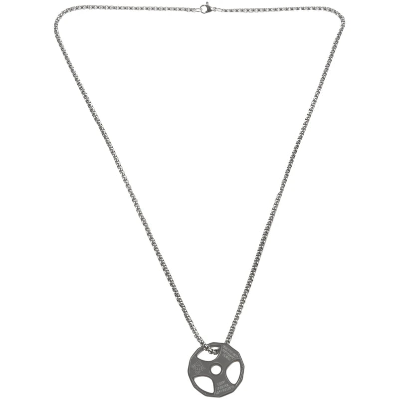 Stainless Steel Fitness Necklace Weight Plate Pendant Silver Barbell Dumbbell