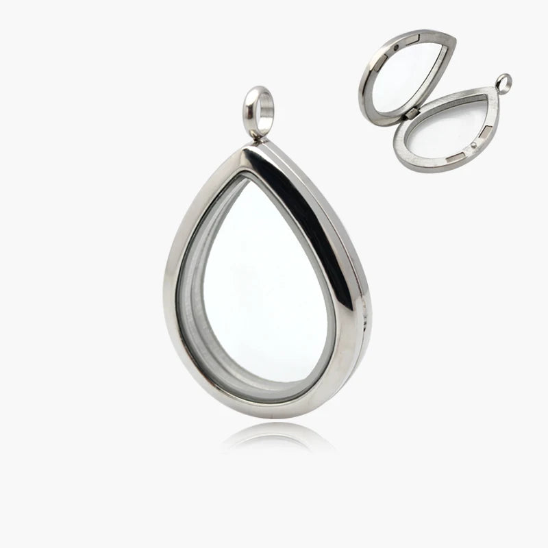 Stainless Steel Floating Glass Locket Chains Necklace Pendant Charms Drop Shape