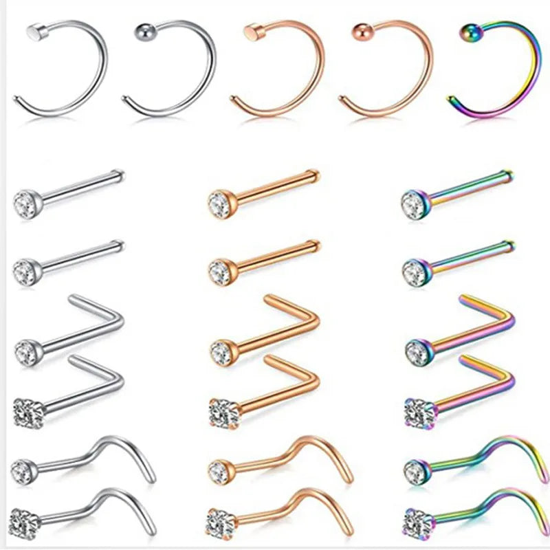 Stainless Steel Flower Nose Ring Set 20G Crystal Nose Piercing Studs