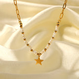 18k Beads Star Pendant Necklace Stainless Steel Freshwater Pearl Chain