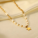 18k Beads Star Pendant Necklace Stainless Steel Freshwater Pearl Chain