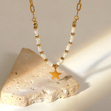 18k Beads Star Pendant Necklace Stainless Steel Freshwater Pearl Chain