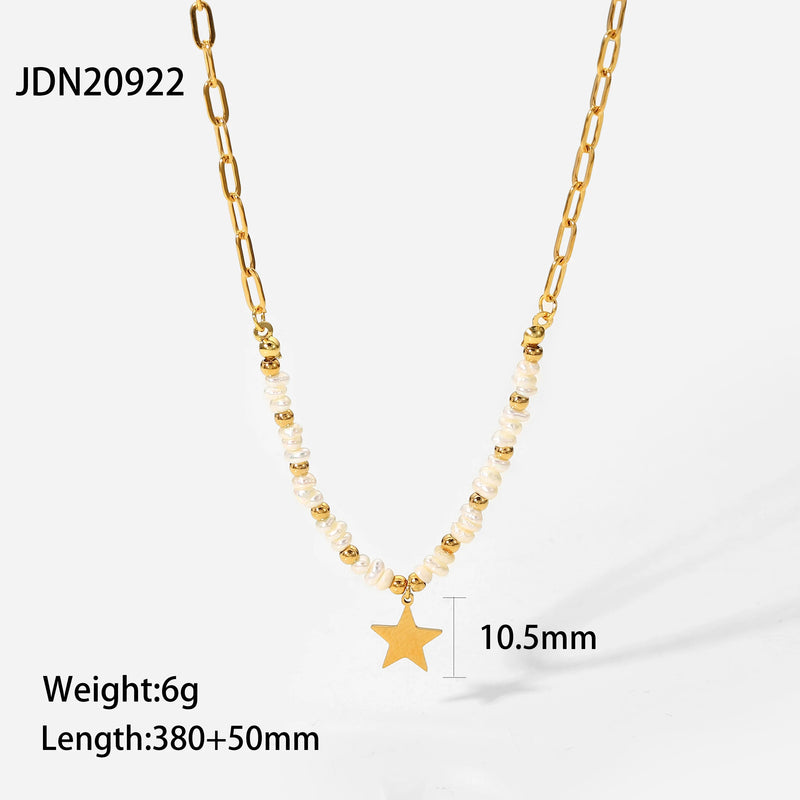 18k Beads Star Pendant Necklace Stainless Steel Freshwater Pearl Chain