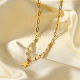 18k Beads Star Pendant Necklace Stainless Steel Freshwater Pearl Chain